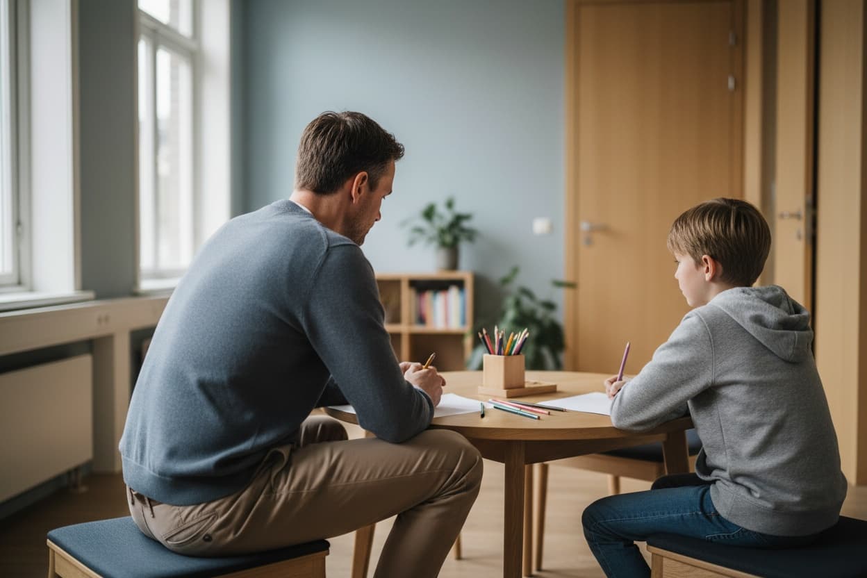 Een professional in gesprek met een kind, op ooghoogte en in een rustige omgeving