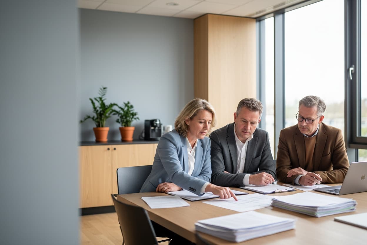Een bezwaarbehandelaar in gesprek met een bezwaarmaker aan een tafel