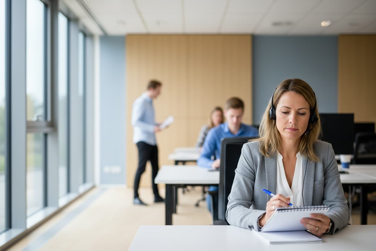 Een klachtbehandelaar in gesprek met een burger aan een tafel